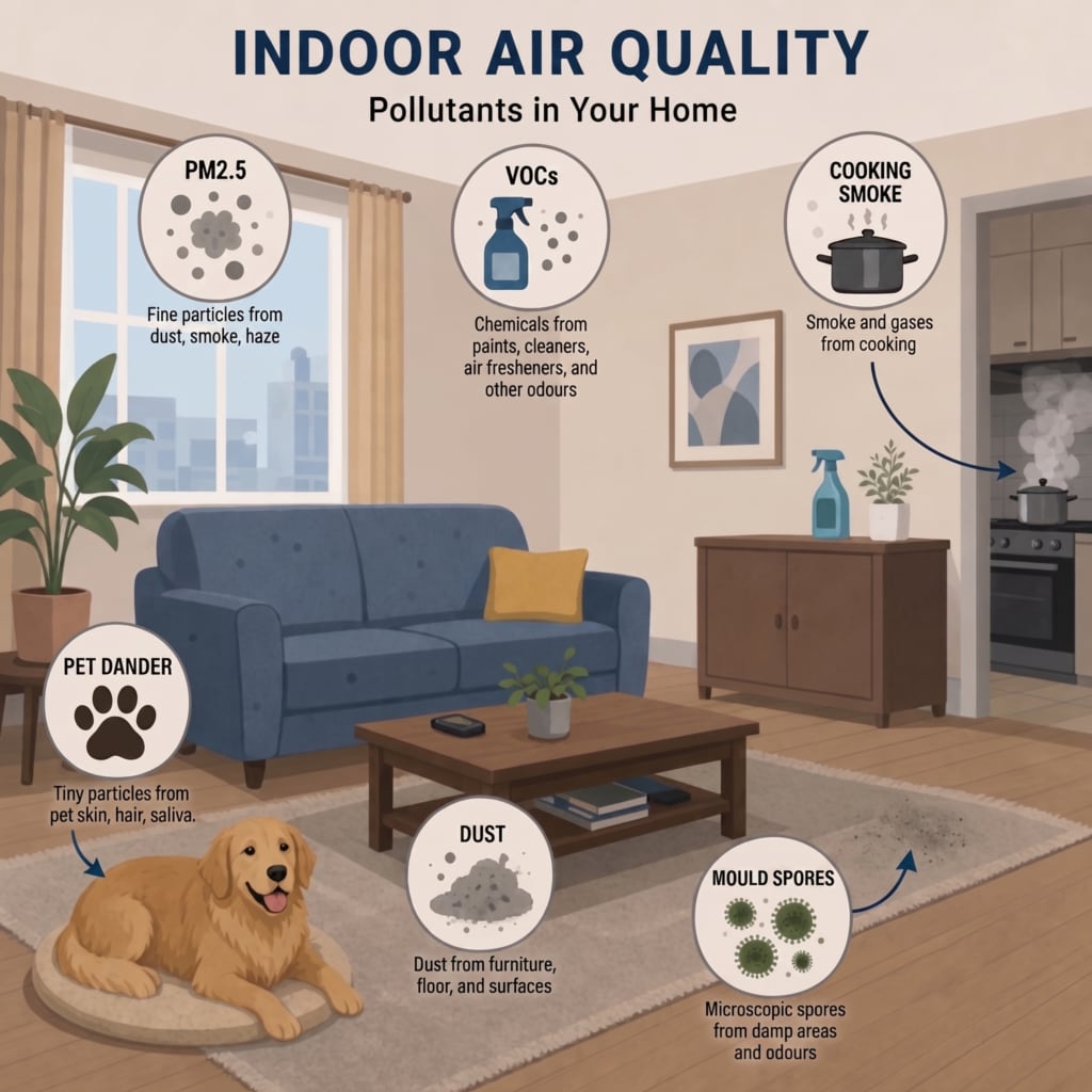 Indoor air pollutants include PM2.5s, VOCs, Cooking Smoke, Pet Dander, Dust and Mould Spores